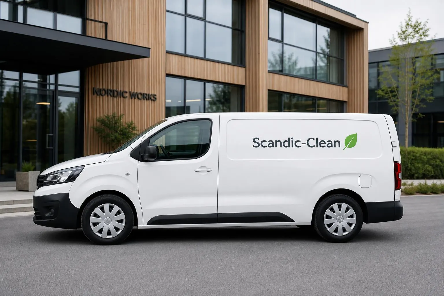 Scandic-Clean varevogn foran en moderne kontorbygning